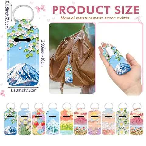 Oil Painting Style Lipstick Holder Keychain Artistic Floral Landscape Print Lipstick Protective Sleeve Portable Bag Pendant Key Ring