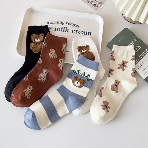 Women Mid-Calf Socks Polyester Cartoon Bear 3D Doll Striped Sweet Soft Warm Casual Fashion Crew Socks For Autumn Winter