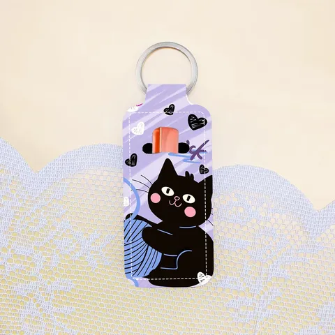 Silicone Lipstick Holder Keychain For Women Cute Cat Pattern Neoprene Lip Balm Sleeve Bag Charm Decorative Accessory