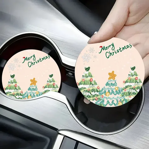 Christmas Cartoon Silicone Car Coaster Absorbent Heat Insulated Coffee Cup Mat For Vehicle Home Table Party Decor Santa Tree Pattern