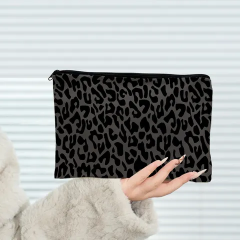 Leopard Floral Print Canvas Cosmetic Bag Portable Travel Makeup Organizer Pouch Clutch Pencil Case For Women