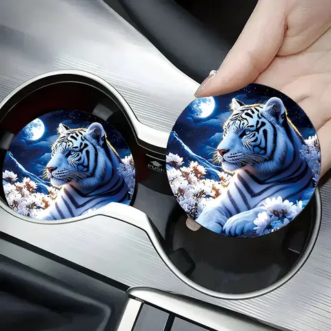 Universal Silicone Car Coaster Round Anti-Slip Cup Holder Mat Automotive Interior Accessory Women Men White Tiger Mandala Pattern