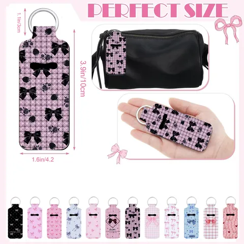 Neoprene Lipstick Holder Keychain For Women Girl Bow Floral Print Lip Balm Protective Cover Bag Charm Car Key Ring Gift