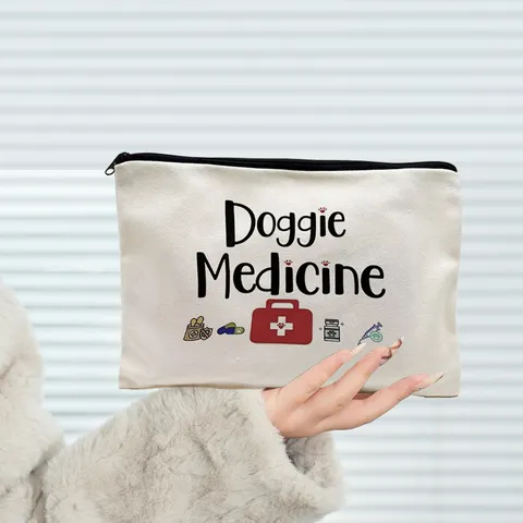 Portable Canvas Zipper Makeup Bag Printed Dog Mom Doggie Medicine Pattern Cosmetic Pouch Travel Toiletry Organizer Pencil Case For Women