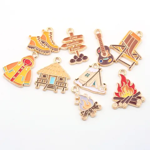 DIY Alloy Enamel Cartoon Animal And Camping Theme Charms Bear Owl House Guitar Shoes Pendant Jewelry Making Accessories