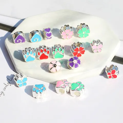 DIY Emaille Legierung Große Loch Perlen Charms Süße Pfote Schmetterling Herz Blumen Perlen Für Armband Halskette Schmuckherstellung