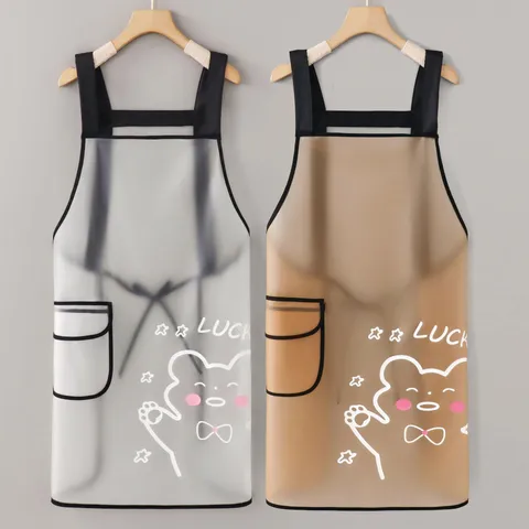 Delantal de Cocina de TPU Impermeable Resistente al Aceite Babero Transparente con Estampado de Oso de Dibujos Animados con Bolsillo