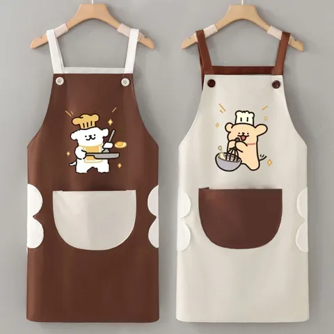 Delantal de Cocina Impermeable A Prueba de Aceite Estampado de Perrito Dibujos Animados PVC Delantal con Manos Limpiables Bolsillos