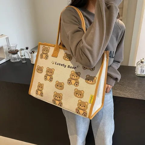 Femmes Grand Sac Tote en Toile de Grande Capacité Mignon Ours Dessin Animé Imprimé Sac à Main Voyage Décontracté Sac Bandoulière