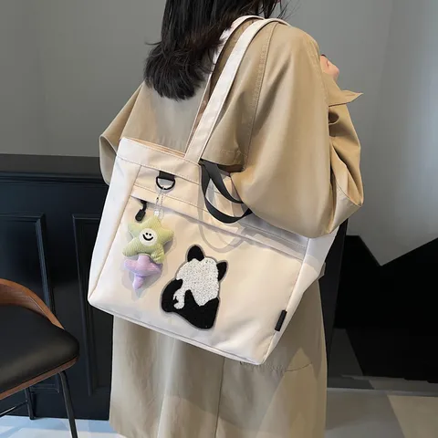 Borsa Tote in Tela Ricamata con Panda Carino per Donna Grande Capacità Borsa a Tracolla Casual Borsa da Lavoro con Ciondolo