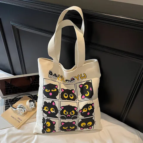 Grand Sac Cabas en Toile de Grande Capacité Mignon Imprimé Chat Noir Sac Bandoulière Sac à Main Casual pour Femmes Étudiante