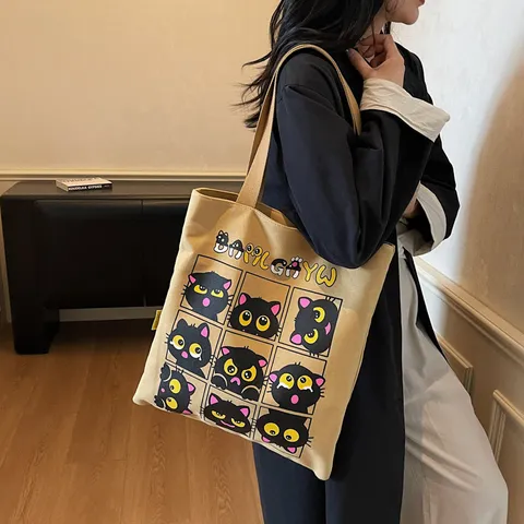 Grand Sac Cabas en Toile de Grande Capacité Mignon Imprimé Chat Noir Sac Bandoulière Sac à Main Casual pour Femmes Étudiante