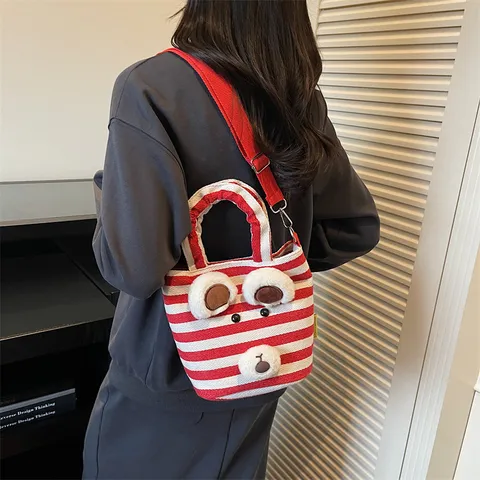 Autumn Winter Women Korean Style Striped Canvas Tote Bag Casual Crossbody Shoulder Bag With Cute Plush Bear