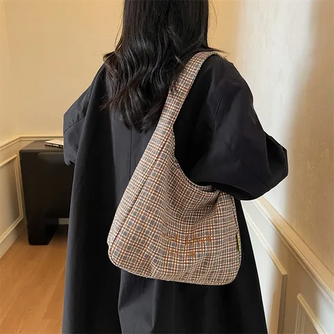 Retro Plaid Woolen Fabric Underarm Bag Casual Large Capacity Shoulder Bag Tote Bag Daily Commuting Women Bag