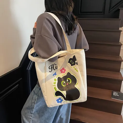 Sac Cabas en Toile Style Japonais Mignon Chat Noir Cartoon Impression Sac Bandoulière Décontracté Voyage Quotidien