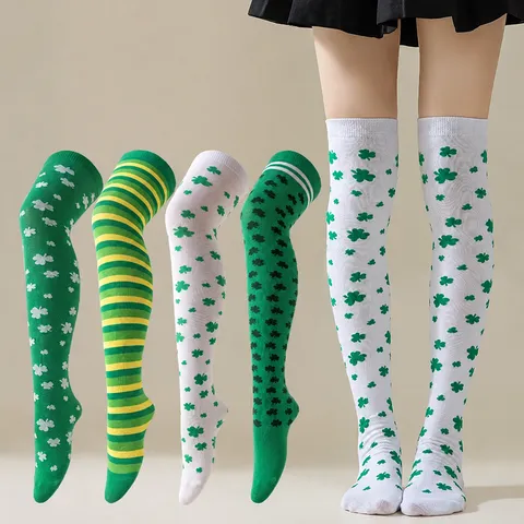Día de San Patricio Trébol A Rayas Calcetines Altos Hasta La Rodilla Festival Irlandés Fiesta Conjunto De Accesorios