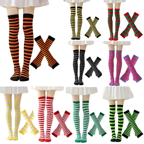 Mujer Calcetines Rayados Encima De La Rodilla Y Calentadores De Brazos Conjunto Halloween Fiesta Navidad Cosplay Medias