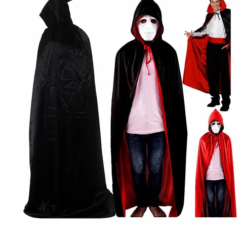 Capa de Cosplay de Halloween de Doble Capa Rojo Negro Parca Horror Túnica con Capucha Cuello Alzado Disfraz de Escenario Unisex Robe de Fiesta