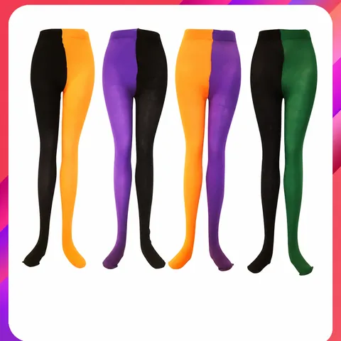 Medias Yin Yang Bicolor Festivas para Mujer Halloween Navidad Carnaval Leggings Bloque de Color Elásticas Originales