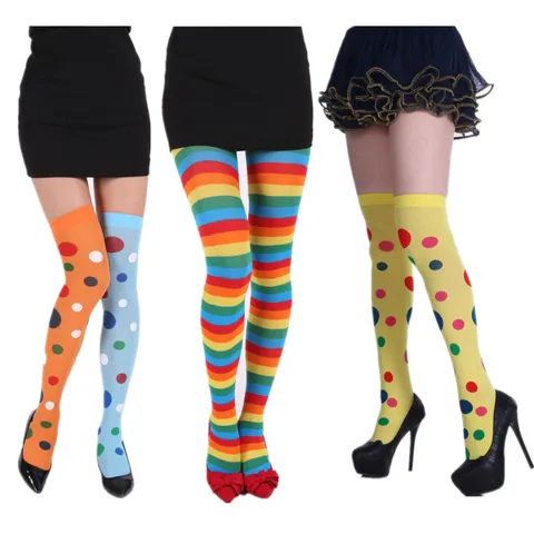 Medias hasta el Muslo de Payaso de Halloween para Mujer por Encima de la Rodilla con Lunares Rayado Tablero de Ajedrez Rombos Estampados para Fiesta Mascarada