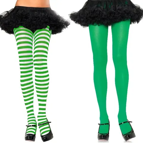Women St Patricks Day Tights Polyester Green White Striped Pantyhose For Cosplay Party Irish Festival Full Footed Leggings