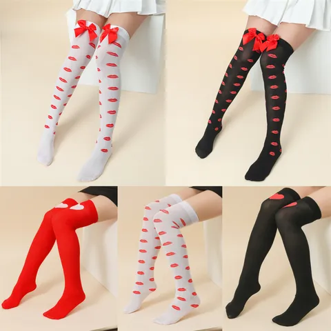 Women Over-The-Knee Long Stockings Valentine-S Day Love Heart Lips Print Sweet Bow Hosiery Fashion Party Apparel