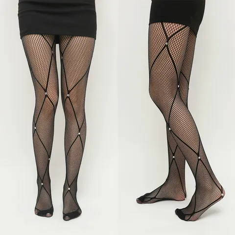 Women Sexy Black Small Mesh Rhinestone Fishnet Stockings High Waist Hip Wrapping Footed Tights Fashion Hosiery