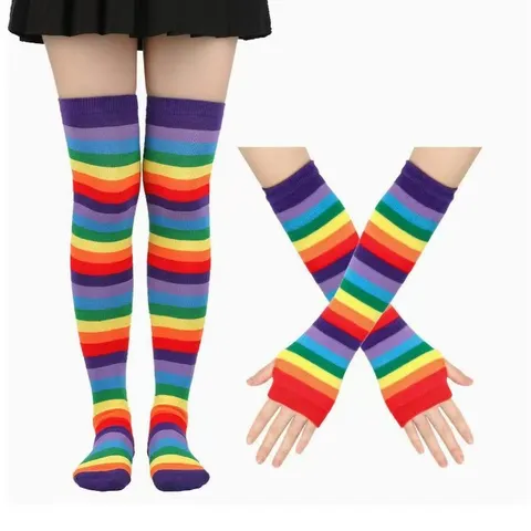 Ensemble Chaussettes Montantes Et Gants Rayés Arc-En-Ciel Coton Multicolore Pour Scène Cosplay