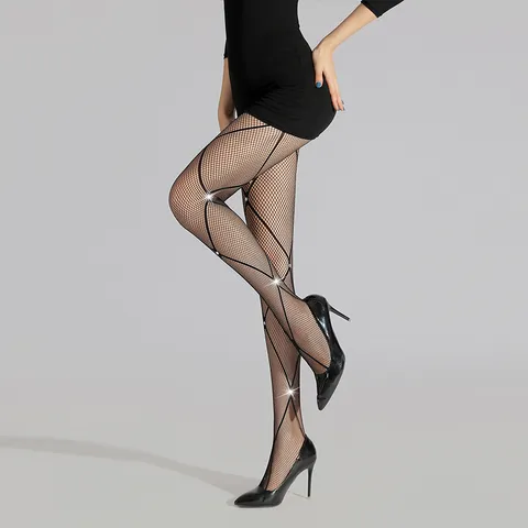Women Sexy Black Small Mesh Rhinestone Fishnet Stockings High Waist Hip Wrapping Footed Tights Fashion Hosiery
