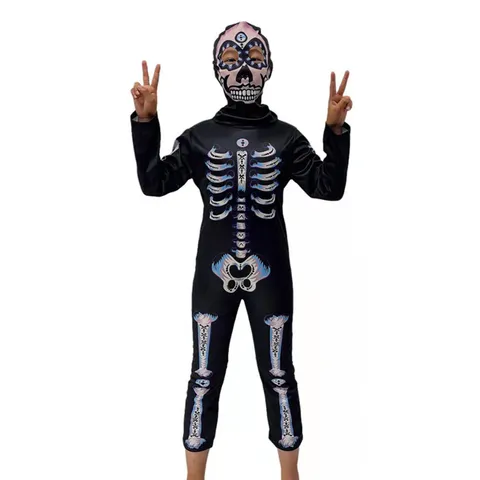 Kinder Halloween Skelett Cosplay Kostüm Schwarz Langarm Jumpsuit Mit Maske Kinder Party Performance Outfit