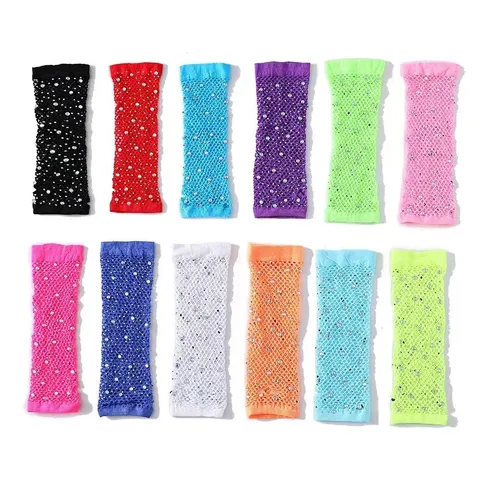 Guantes Largos de Red de Malla de Moda para Mujer Guantes de Medio Dedo con Estrass Brillante Fiesta Sexy Halloween Clubwear