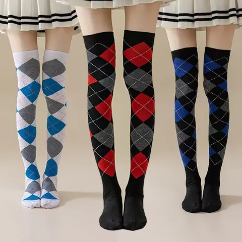 Medias Hasta la Rodilla para Mujer Estilo Británico Patrón Argyle Mezcla de Algodón Calcetines Largos