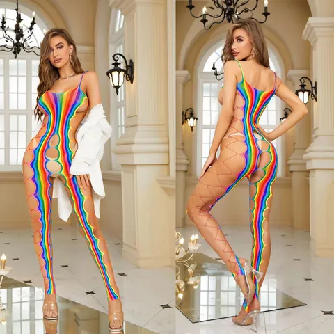Conjunto de Lencería de Malla Rayada Colorida Sexy para Mujer Top Halter Transparente y Minifalda Ropa de Dormir Exótica