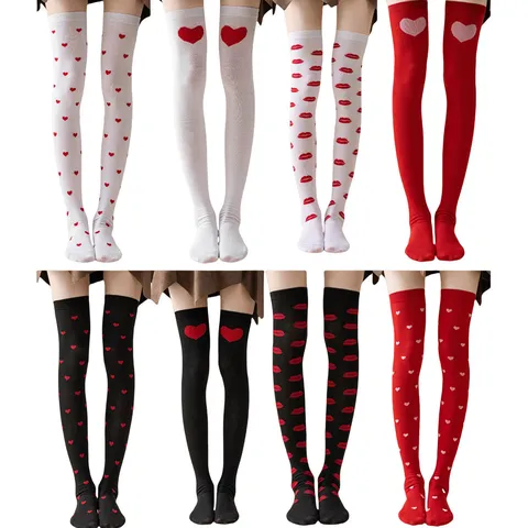 Calcetines Altos de Mujer San Valentín Corazón Labios Rojos Estampado Calcetines Largos Tubo Dulce Moda Hosiery