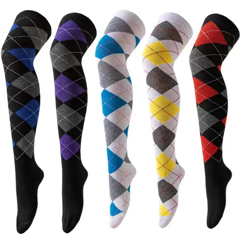 Medias Hasta la Rodilla para Mujer Estilo Británico Patrón Argyle Mezcla de Algodón Calcetines Largos