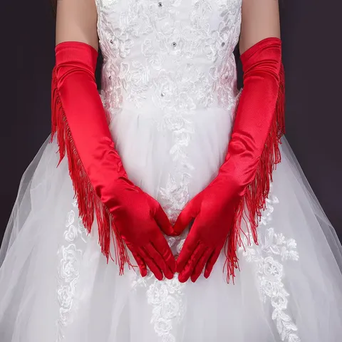 Gants Longs en Satin à Glands pour Femmes Gants Élégants pour Opéra Fête Scène Performance Accessoires de Robe de Soirée