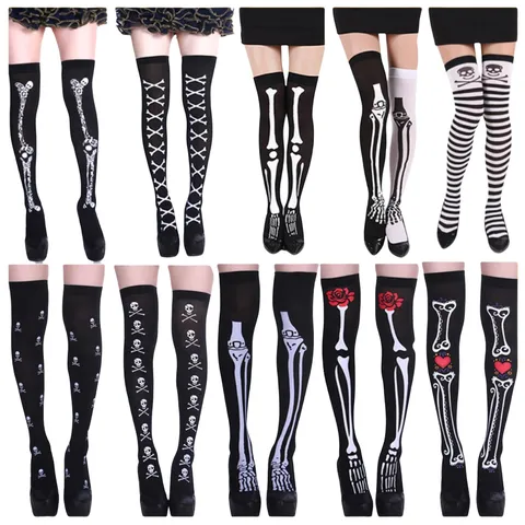 Calcetines Encima de la Rodilla con Estampado de Huesos de Esqueleto para Halloween Cosplay Estilo Gótico Oscuro para Fiesta de Mujeres