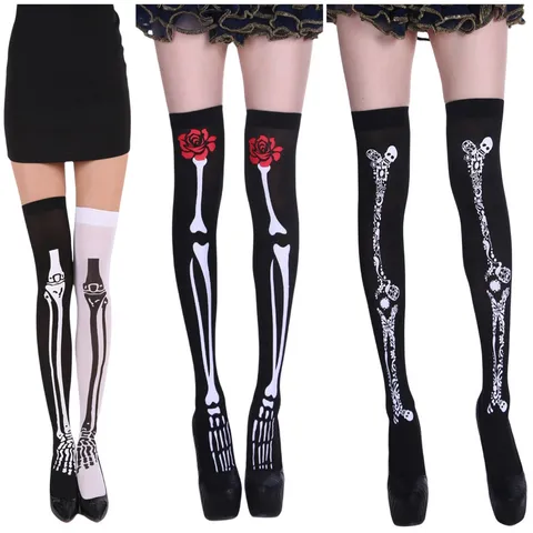 Calcetines Encima de la Rodilla con Estampado de Huesos de Esqueleto para Halloween Cosplay Estilo Gótico Oscuro para Fiesta de Mujeres