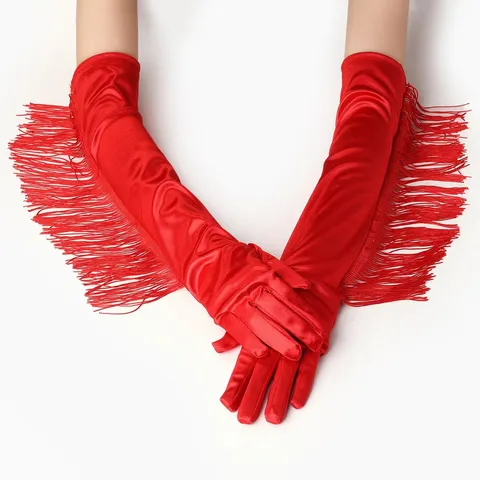 Long Tasselled Satin Gloves Women Opera Evening Party Latin Dance Performance Elegant Bridal Costume Gloves