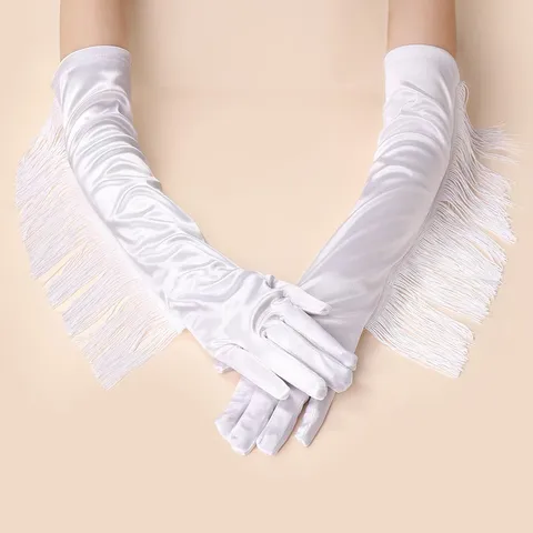 Long Tasselled Satin Gloves Women Opera Evening Party Latin Dance Performance Elegant Bridal Costume Gloves