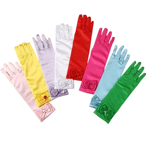 Children Satin Bow Gloves Princess Costume Accessories Rhinestone Performance Gloves For Girls Party Dress Up