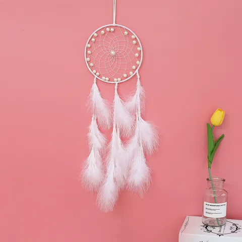 Handmade Dream Catcher White Feather Hanging Ornament Boho Wall Decor for Bedroom Home Living Room Wedding Decoration