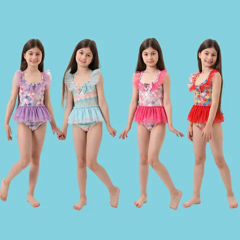Kids Girls Mermaid Swimsuit Princess Dress Costume Halloween Party Stage Performance Outfit Sleeveless Mesh Ruffle Outfit