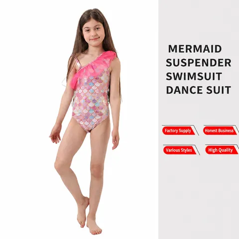 Kids Girls Rainbow Mermaid Swimsuit Sleeveless Ruffle Dance Dress Children Summer Beach Performance Costume