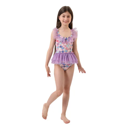 Kids Girls Mermaid Swimsuit Princess Dress Costume Halloween Party Stage Performance Outfit Sleeveless Mesh Ruffle Outfit