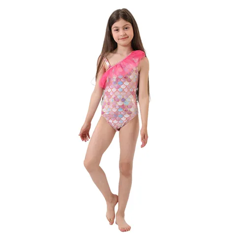 Kids Girls Rainbow Mermaid Swimsuit Sleeveless Ruffle Dance Dress Children Summer Beach Performance Costume