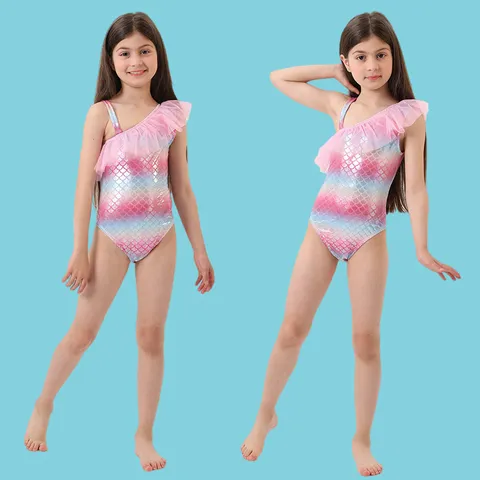Girls One Piece Swimsuit Rainbow Fish Scale Sequin Ruffle One Shoulder Princess Swimwear Kids Bathing Suit Dance Dress