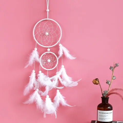 White Feather Dream Catcher Double Hoop Wind Chime Hanging Ornament For Bedroom Car Interior Decor Creative Gift