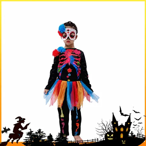 Kinder Halloween Skelett Kostüm Kleid Langarm Bunter Knochen Druck Party Kleid Mädchen Festival Cosplay Outfit