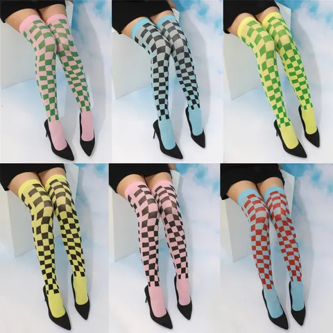 Women's Fashion Checkerboard Print Over Knee Long Stockings Trendy Geometric Pattern High Tube Stockings Hosiery